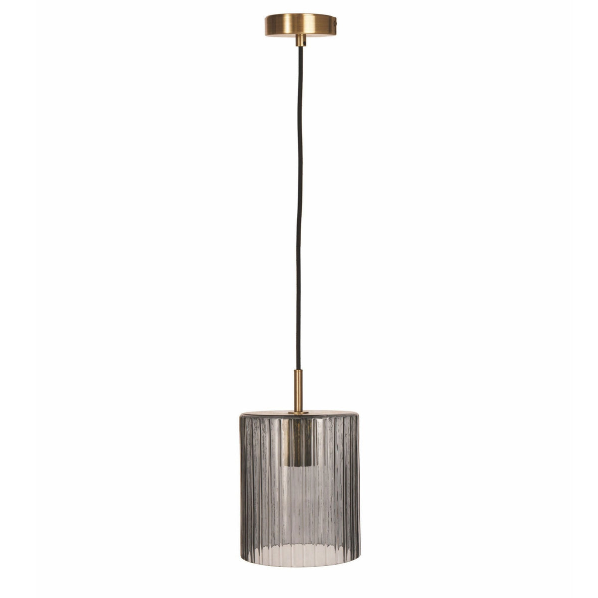 Clarendon E27 Pendant Light in Brass & Smoked Ribbed Glass