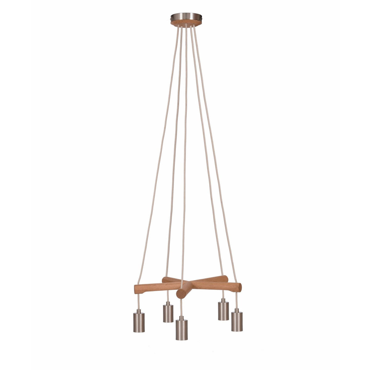 Modern chandelier with five light gray cords, a wooden crossbar, and five brushed metal light fixtures.