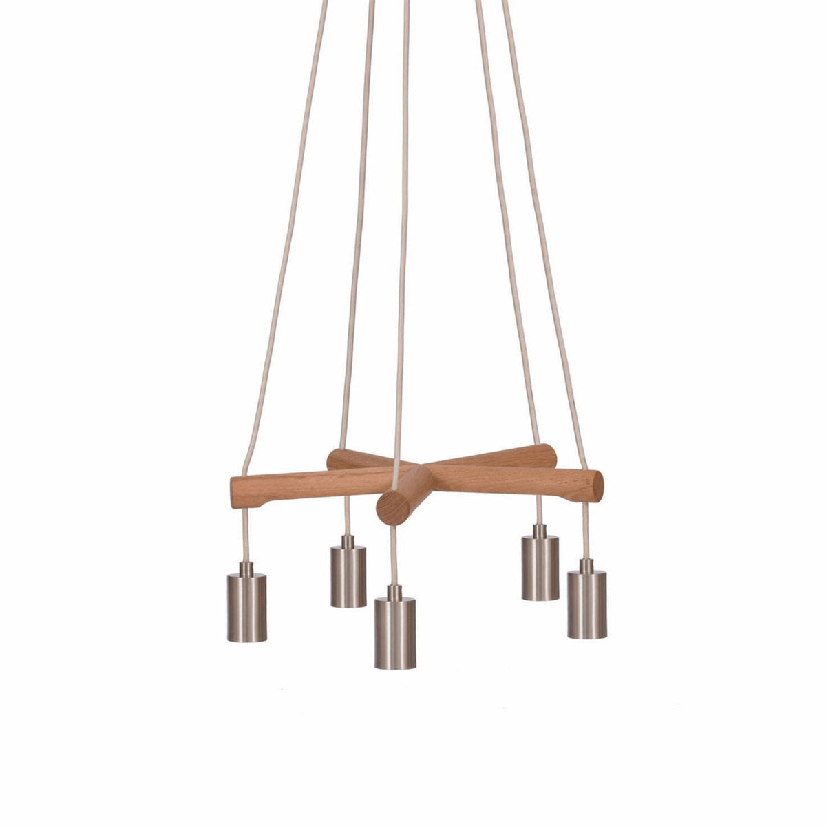 A modern chandelier with five light fixtures, each hanging from a wooden crossbar by a white cord. The fixtures are cylindrical and made of brushed metal.