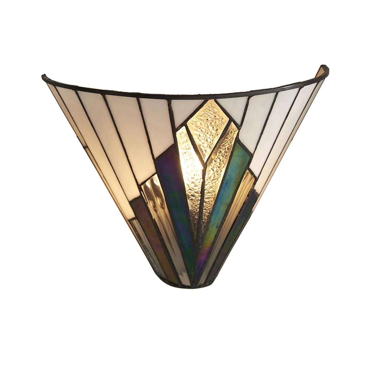 Studio shot of an Art Deco style wall light with white and iridescent glass panels.