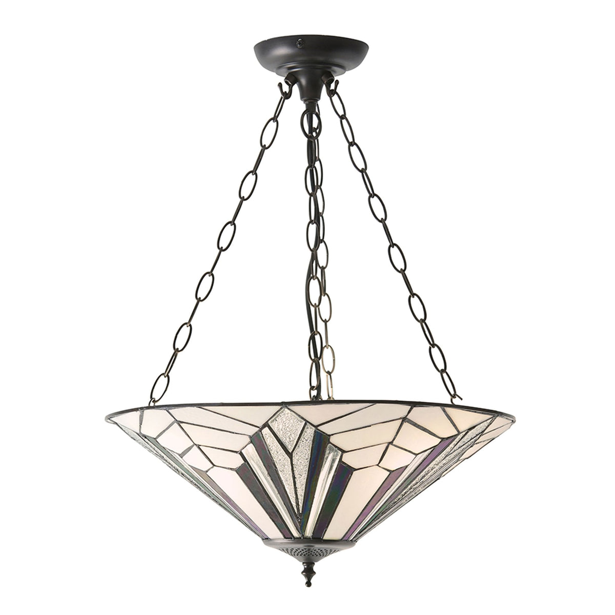 A decorative ceiling light fitting with a white and purple patterned shade and metal chains.
