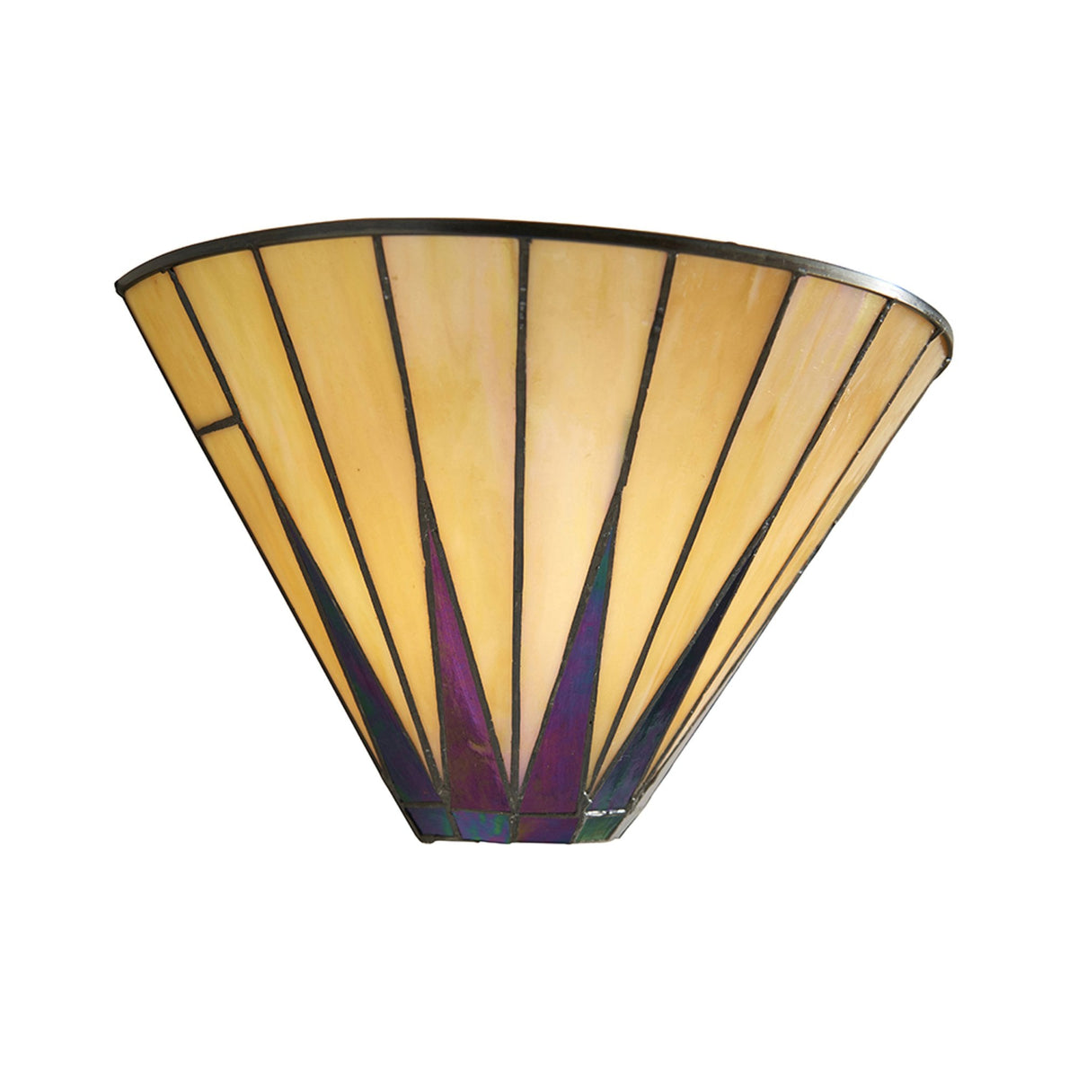 A wall light with a yellowish stained glass shade and striking purple accents on a white background.