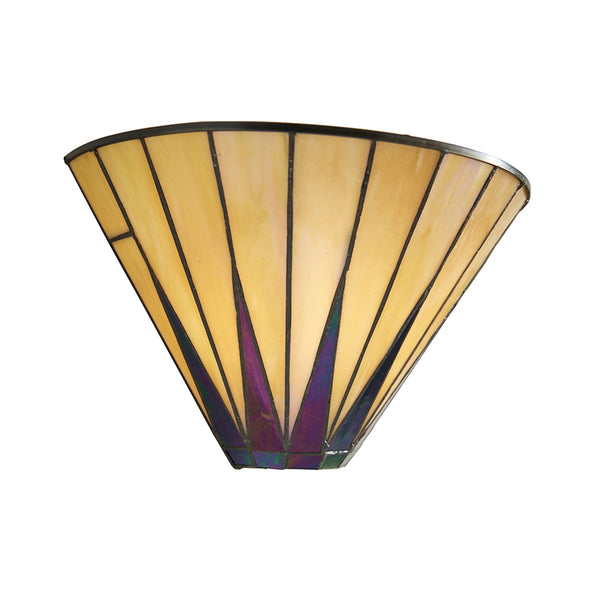 A wall light with a yellowish stained glass shade and striking purple accents on a white background.