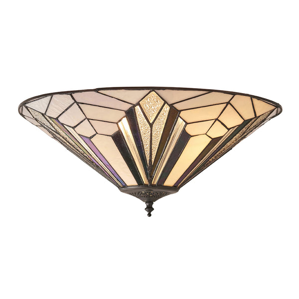 A close up of a tiffany style ceiling flush light with an art deco pattern, on a white background.