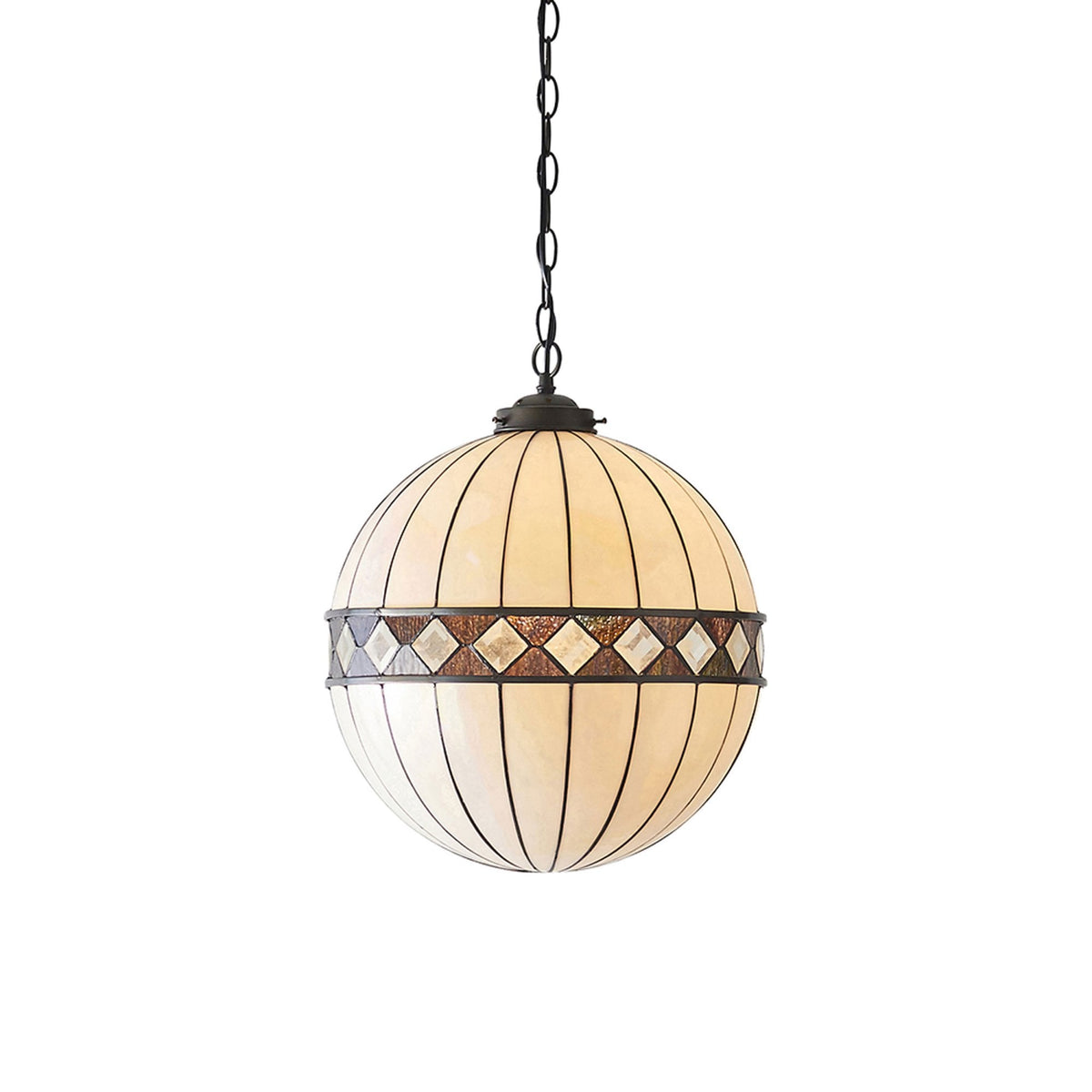 A sophisticated globe pendant light with stained glass and a decorative band.