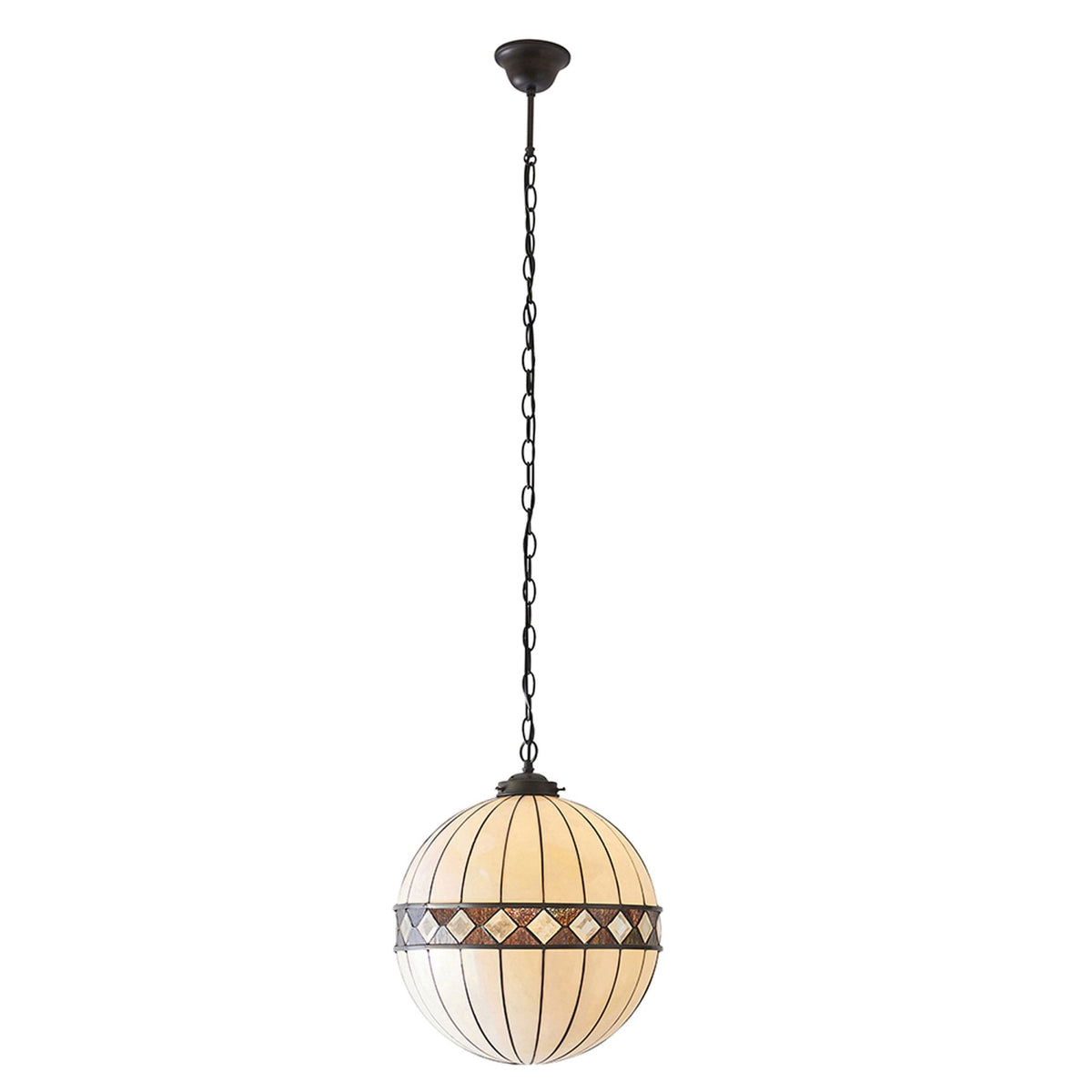 A full view of the antique-style stained glass globe pendant light on a white background.