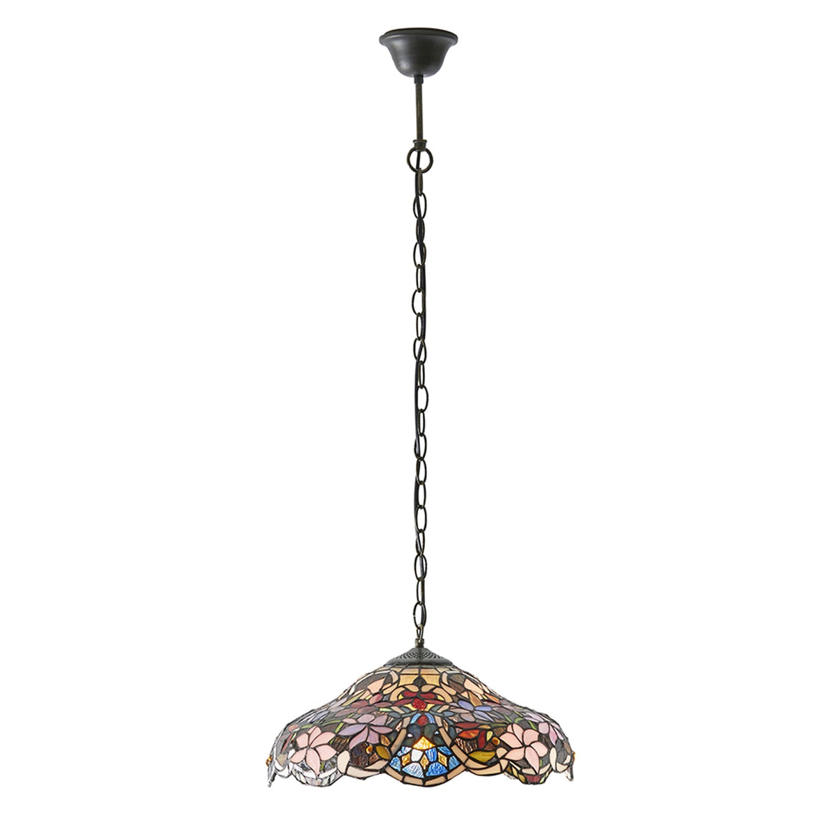 A full-length view of the Tiffany-style pendant light against a plain white background.