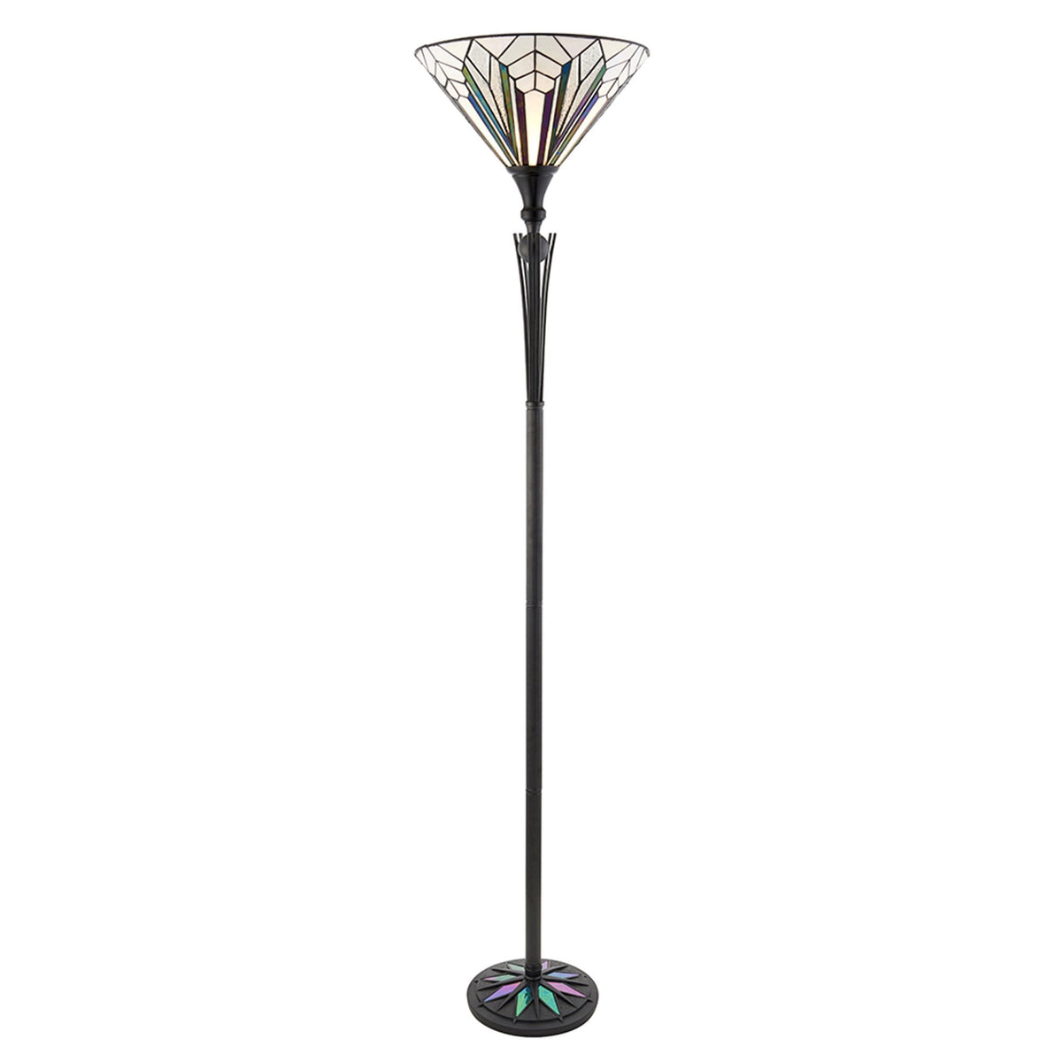 A decorative floor lamp with a geometric stained-glass shade on a white background. A period.