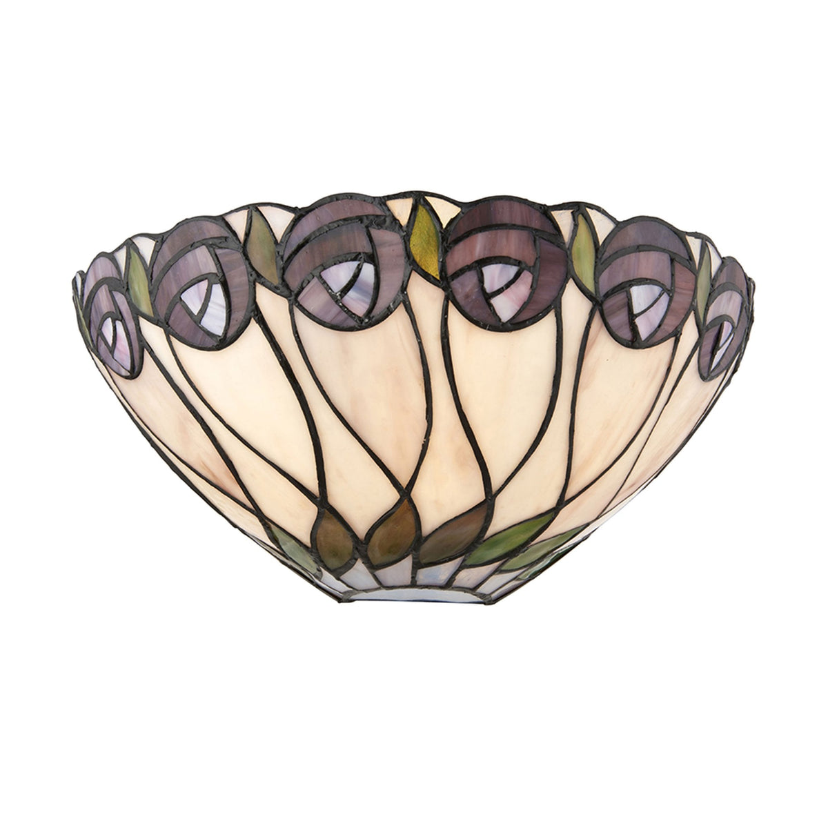 A Tiffany stained glass wall light with a purple flower design on a white background.