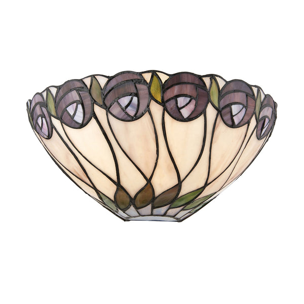 A Tiffany stained glass wall light with a purple flower design on a white background.