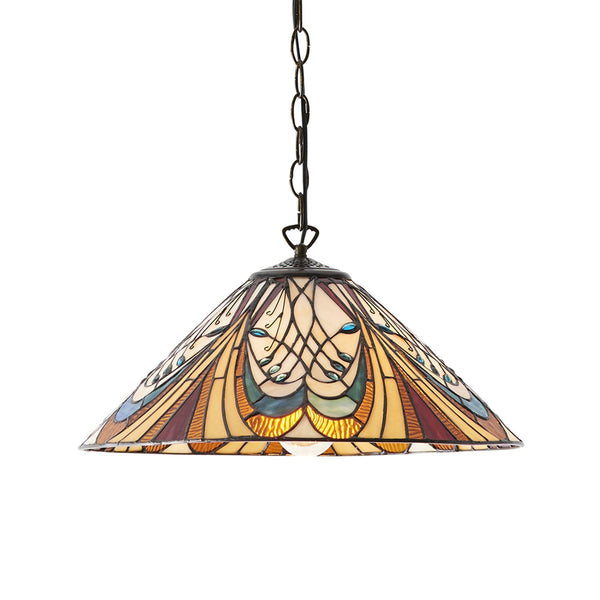 A close-up of a Tiffany-style pendant light with a wide, conical, multicoloured glass shade.