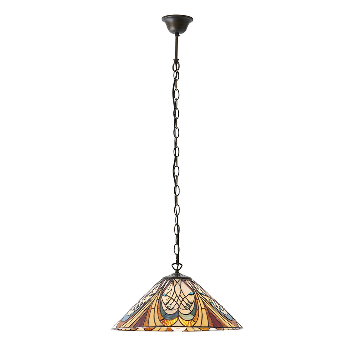 A full view of a Tiffany-style pendant light with a long chain and a conical glass shade.