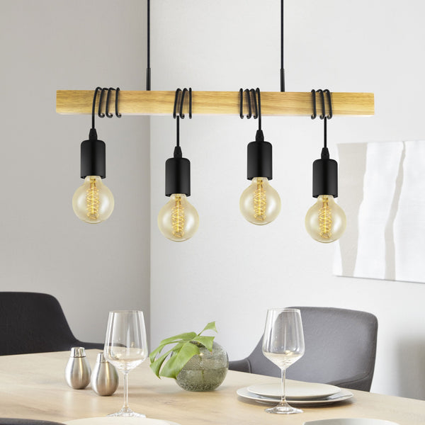 Townshend Four Lamp Wooden Bar Pendant with Black Detailing