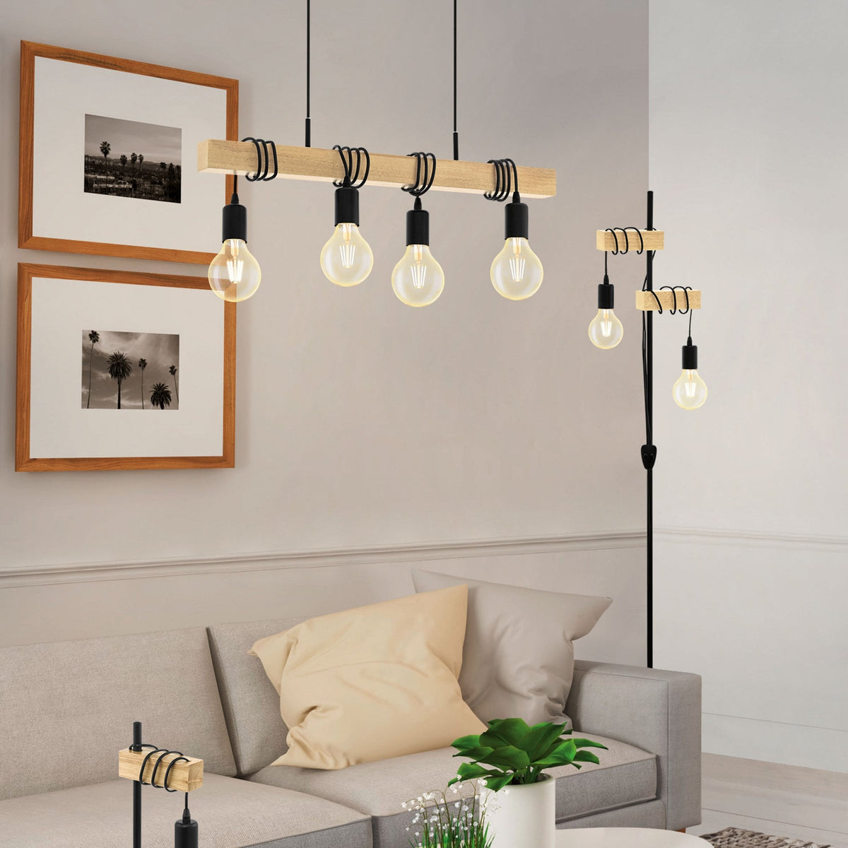 Townshend Four Lamp Wooden Bar Pendant with Black Detailing