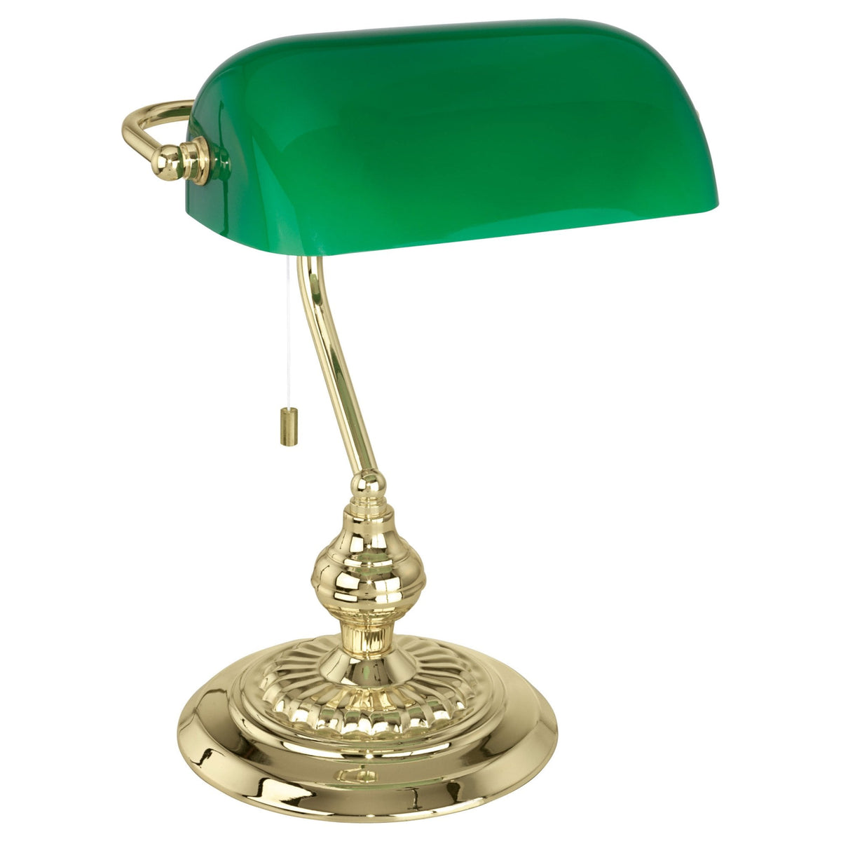 Banker Switched Desk Light in Brass & Green Glass