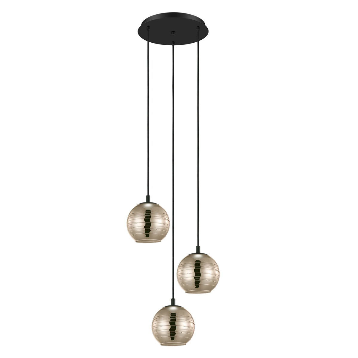 Three pendant lights with round, textured glass shades hanging from a black ceiling plate.