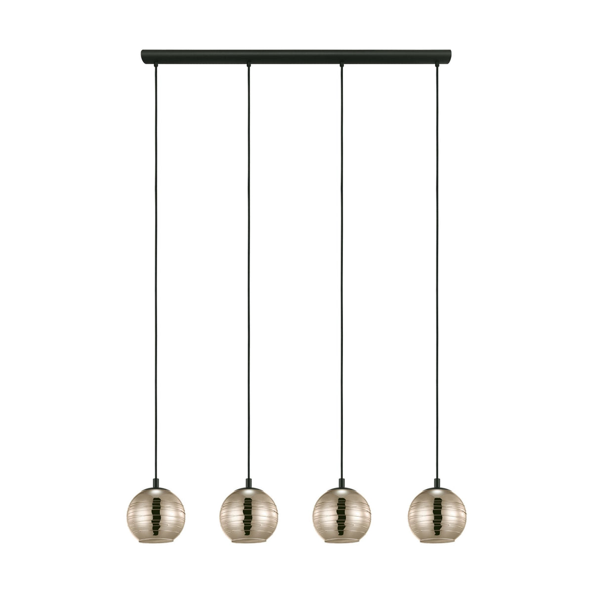 Four pendant lights with champagne-colored, textured glass globes hang from a black bar.