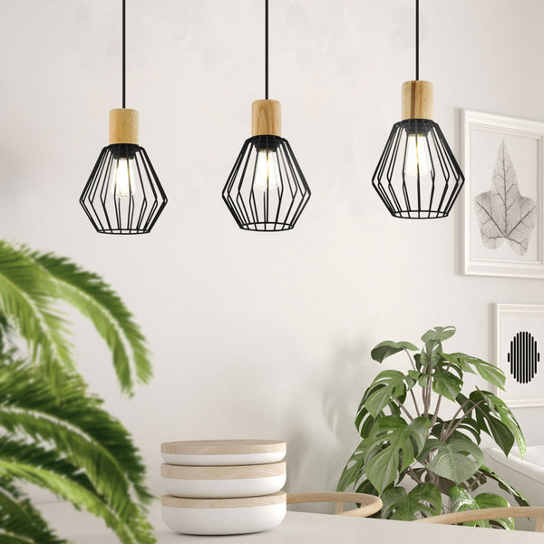 Palmorla Triple Drop Bar Pendant in Wood & Black Cage