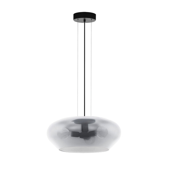 A black pendant light with a smoked glass dome hangs against a white background.