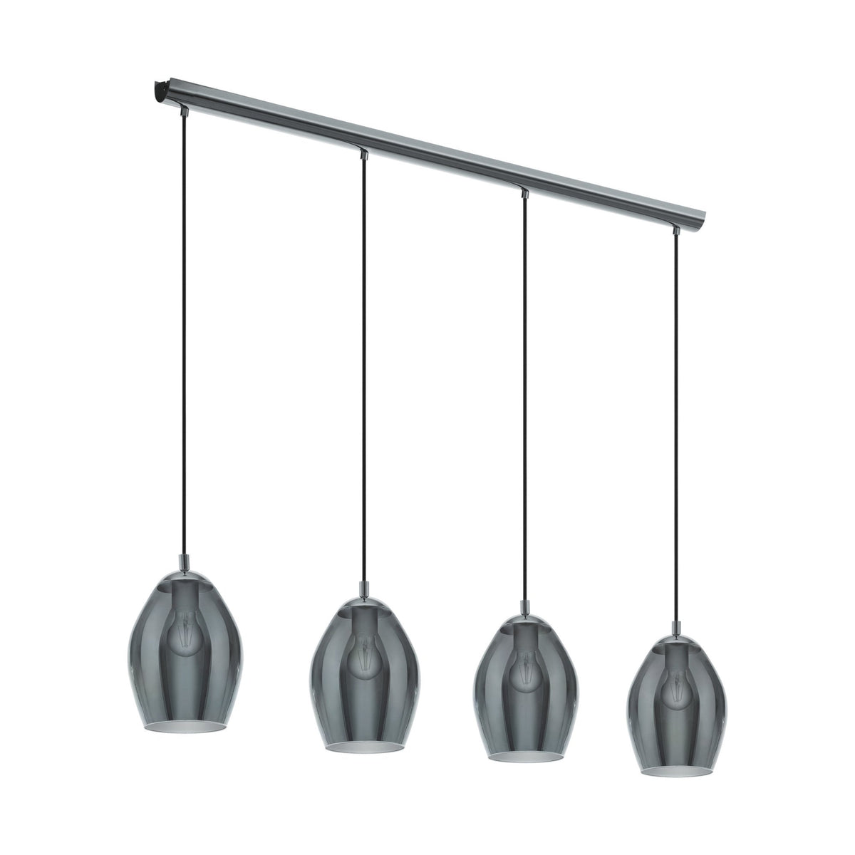 Four grey glass pendant lights hanging from a silver bar.