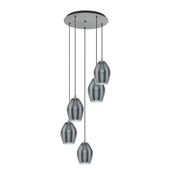 A modern cluster pendant light with five smoked glass shades hanging at various lengths.