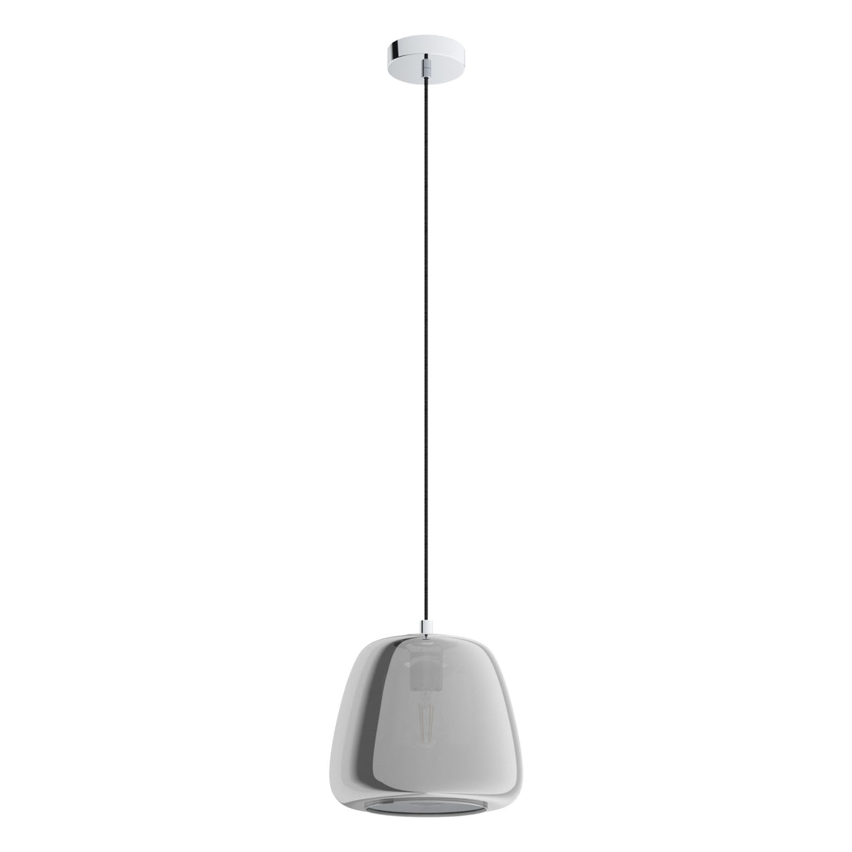 A minimalist chrome pendant light with a reflective shade on a white background.
