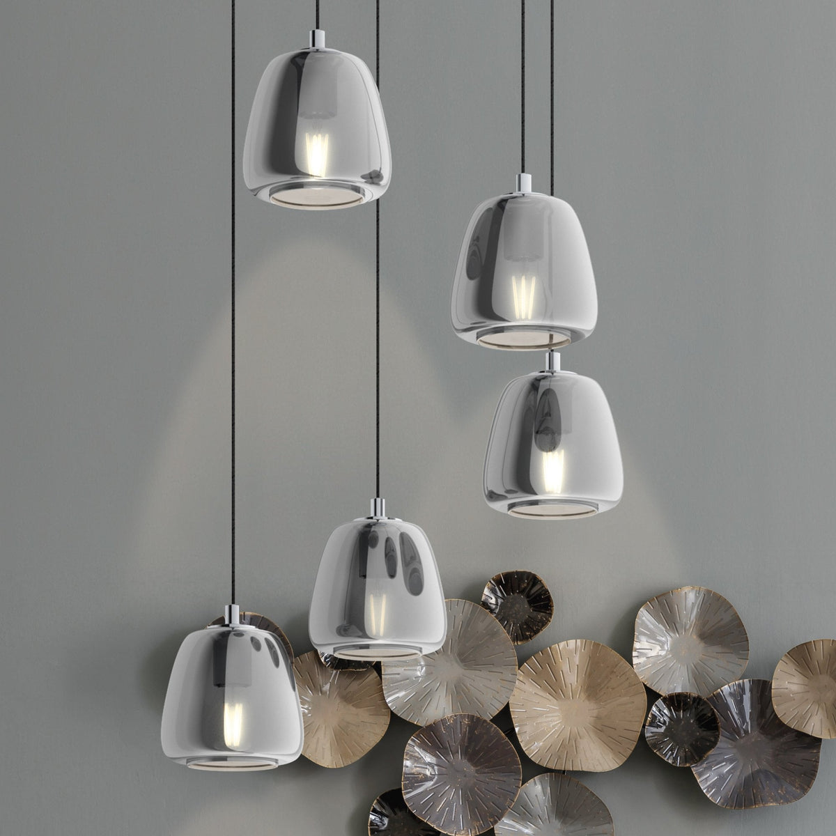 Albarino Five Drop Chrome Pendant with Black Vaporized Glass