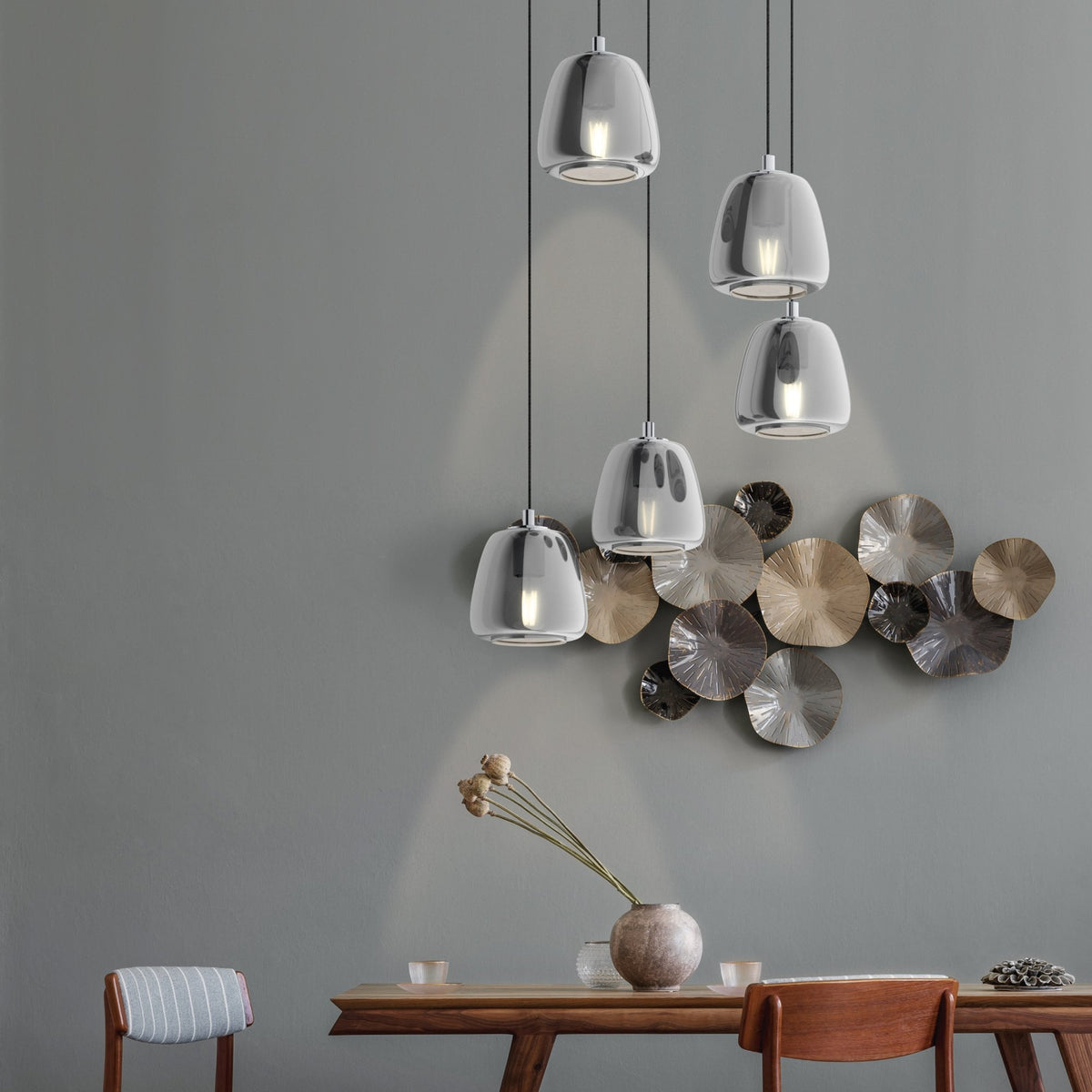 Albarino Five Drop Chrome Pendant with Black Vaporized Glass