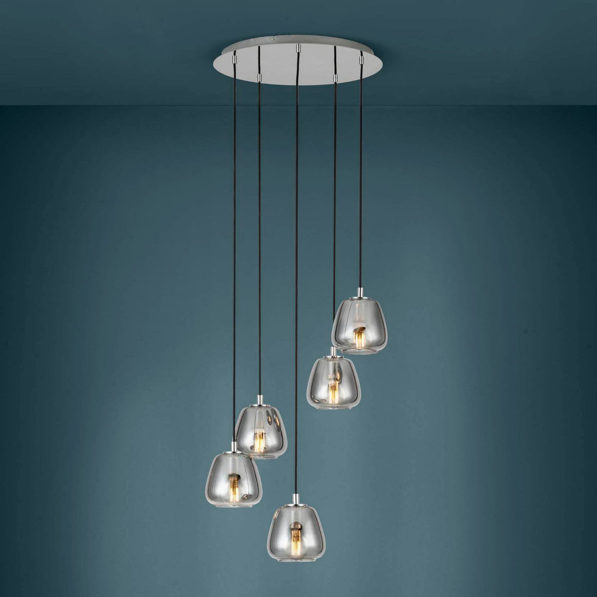 Albarino Five Drop Chrome Pendant with Black Vaporized Glass