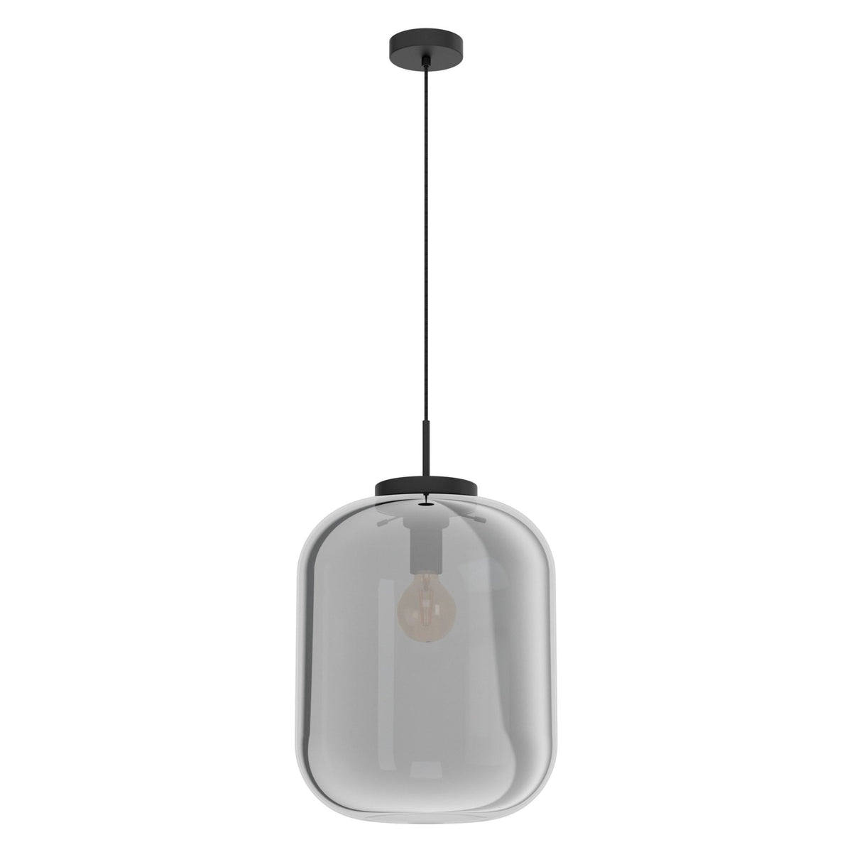 A black pendant light with a clear glass shade on a white background.