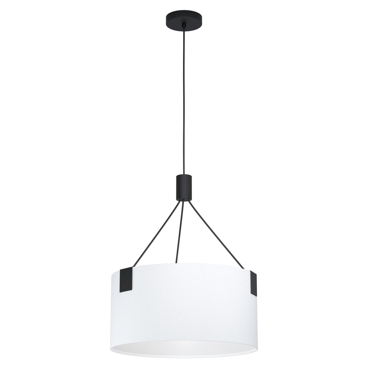 A modern black pendant light featuring a wide, white fabric drum shade.