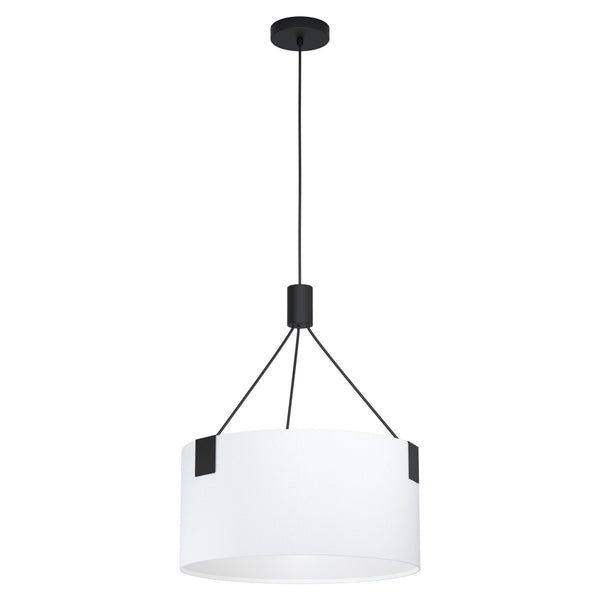 A modern black pendant light featuring a wide, white fabric drum shade.