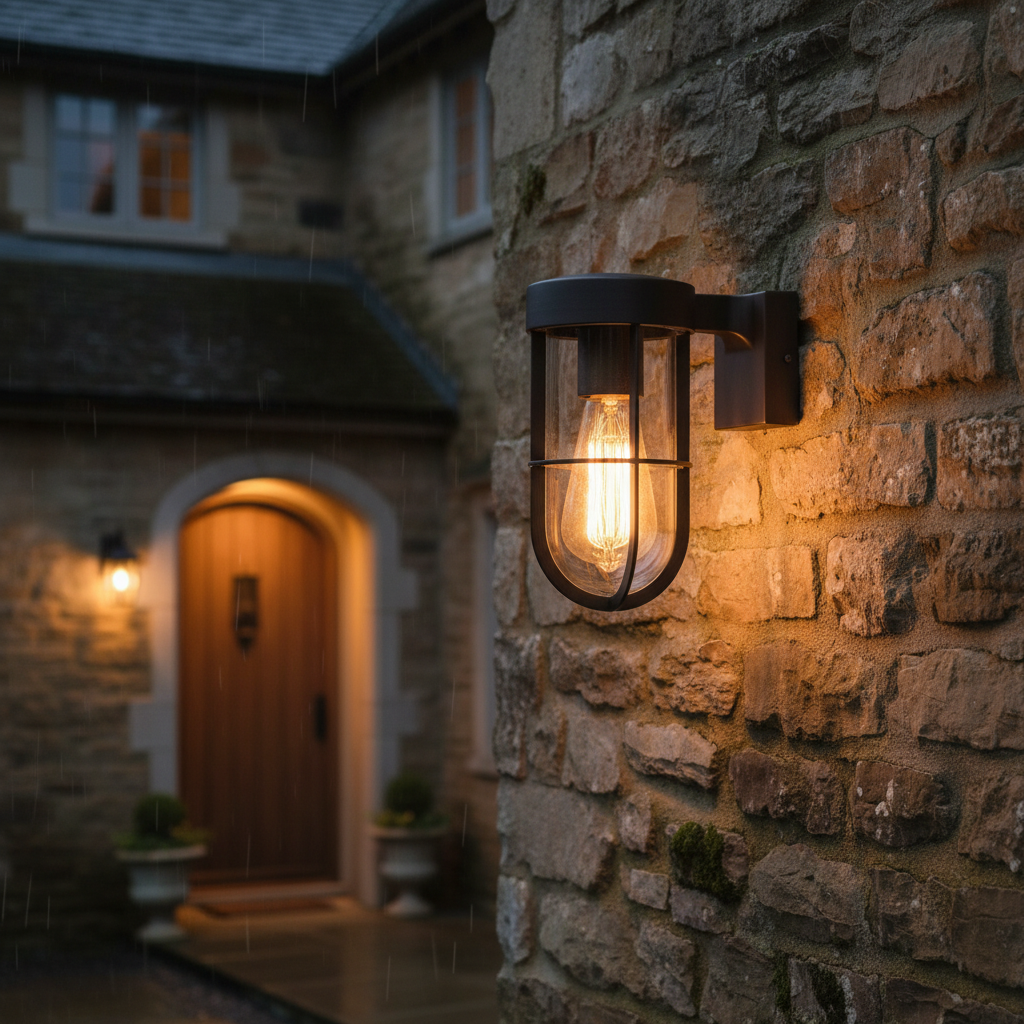 Black outdoor wall light with a vintage bulb on a stone wall, with a house entrance in the background