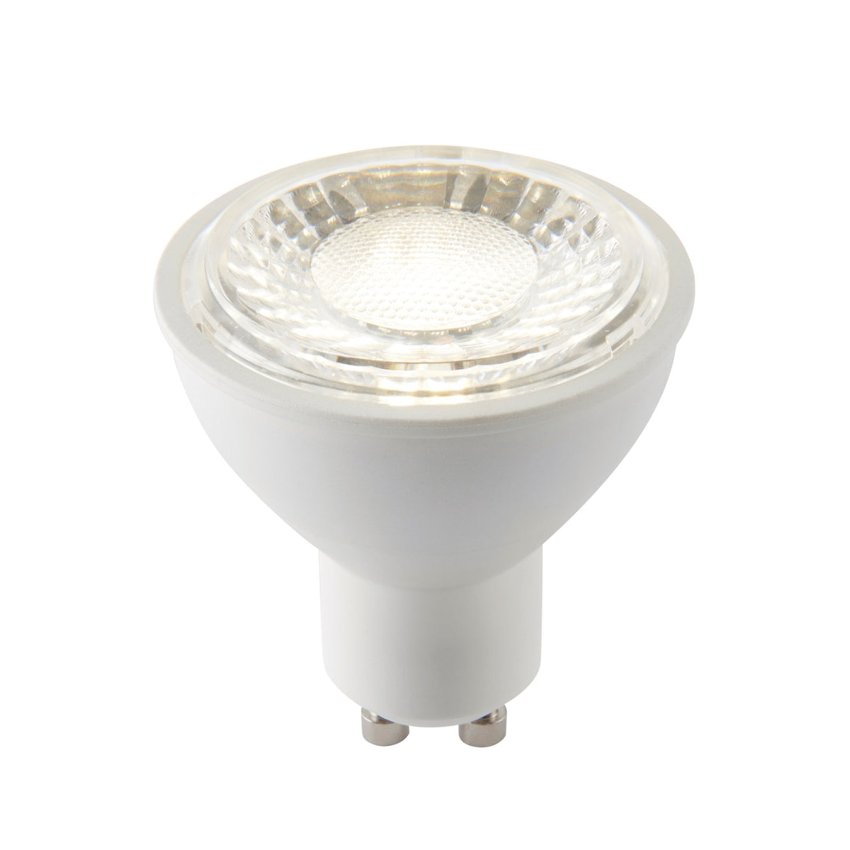 A bright, energy-efficient LED spotlight bulb with a white base and a clear, multifaceted lens.