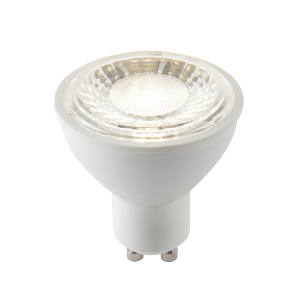 A bright, energy-efficient LED spotlight bulb with a white base and a clear, multifaceted lens.