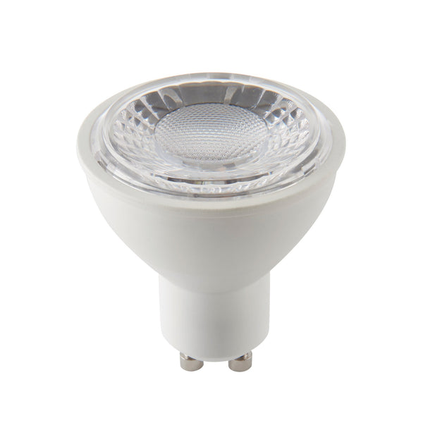 A white LED spotlight bulb with a faceted lens and a two-pin base for focused illumination.
