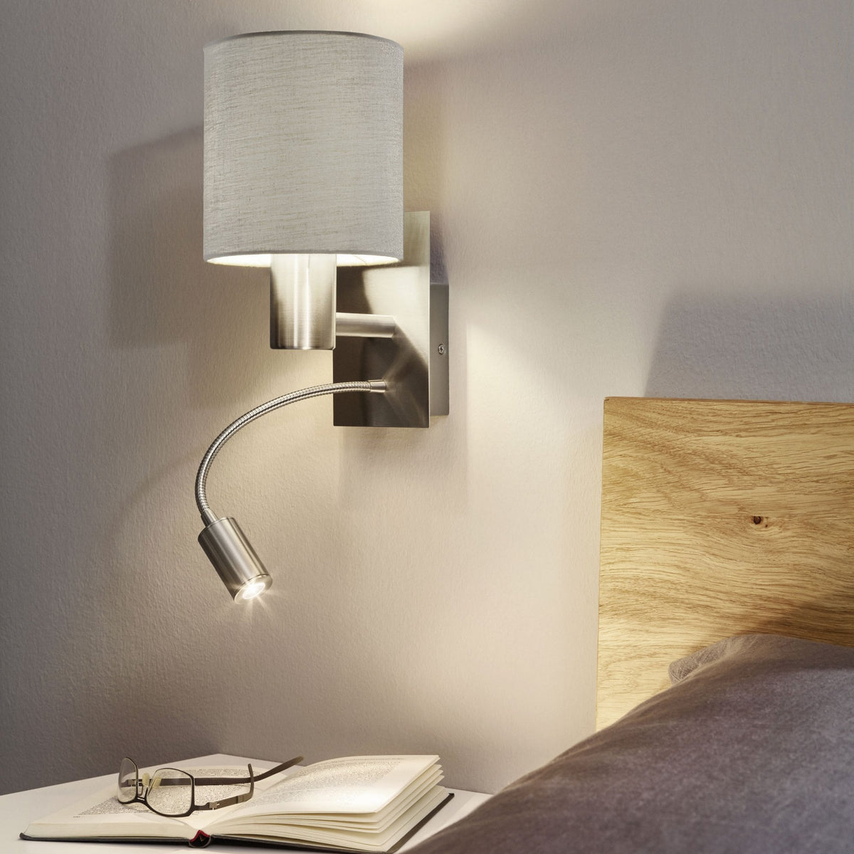Pasteri Wall Light with Taupe Shade and LED Reader