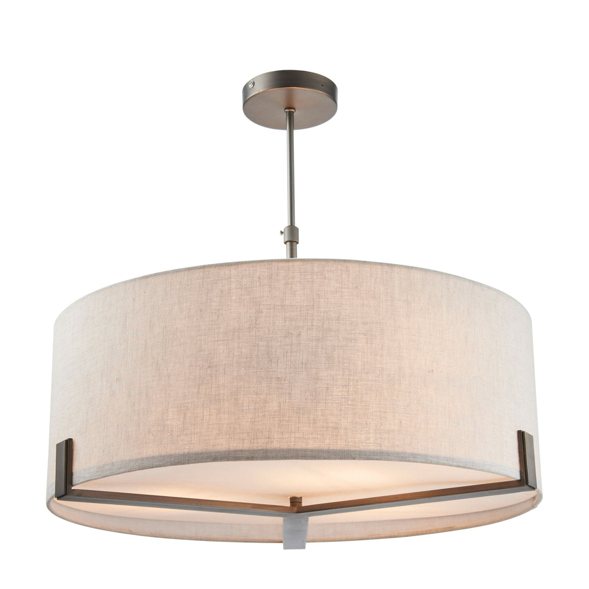 A large, round pendant light with a light fabric shade and dark metal frame, isolated on a white background.