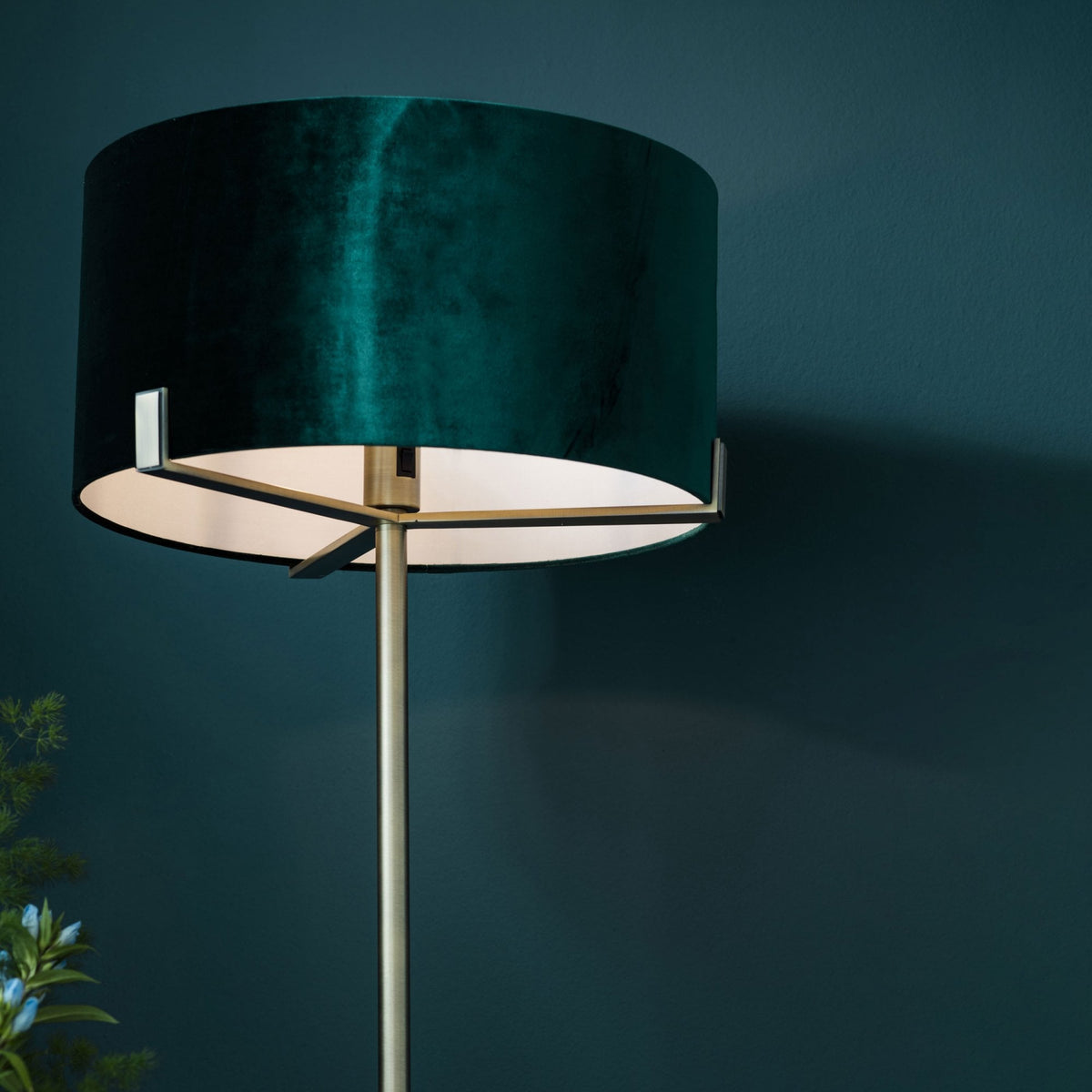 Hayfield Floor Lamp in Antique Brass with Green Velvet Shade