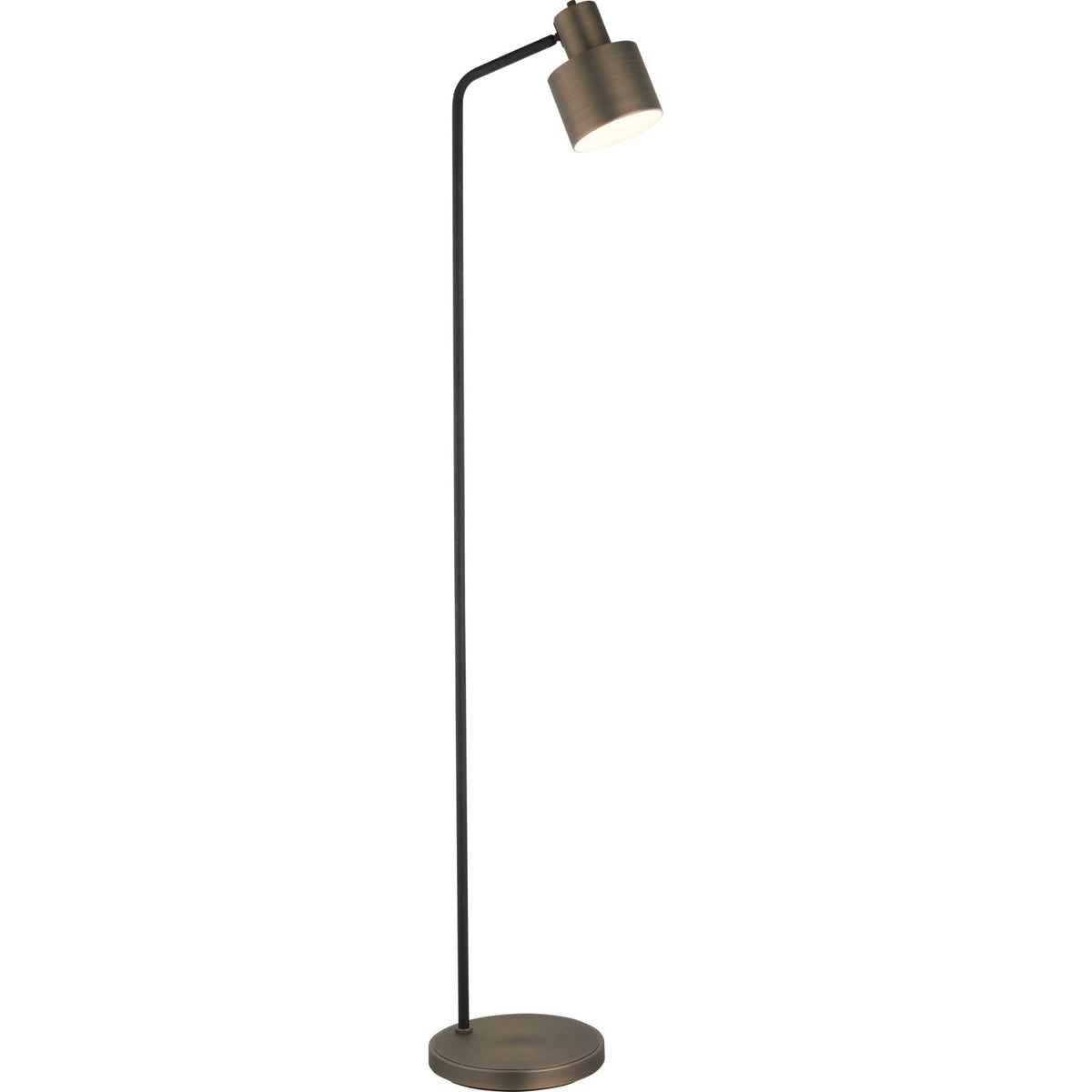 Full view of a modern floor lamp with a black stand and a brass adjustable shade and base.