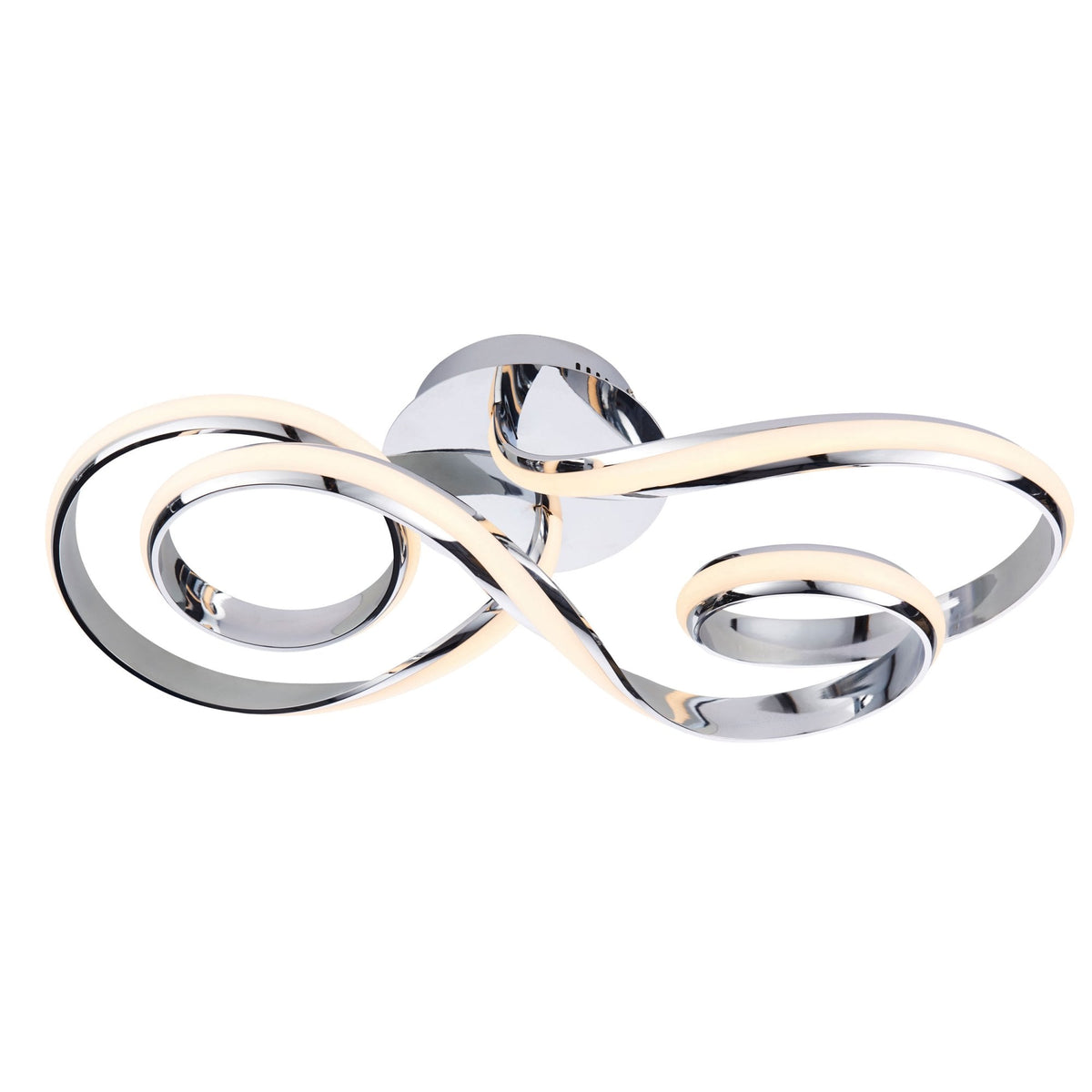Modern chrome ceiling light with three intertwined, illuminated LED strips forming an abstract design on a white background.