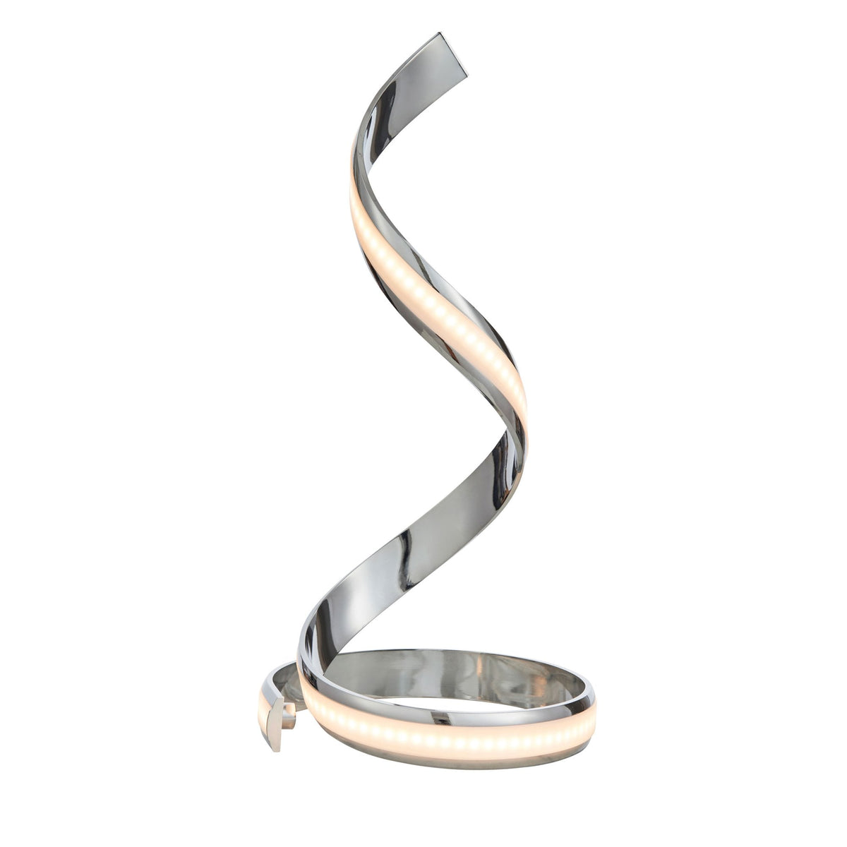 Chrome spiral LED table lamp with a glowing base and a bright, warm light strip winding up the spiral on a white background.