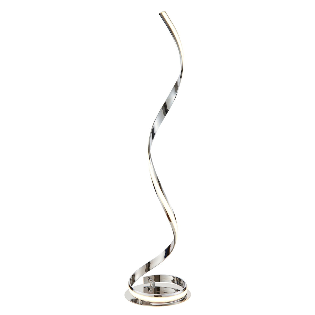 Full view of a tall, slender chrome spiral LED floor lamp on a white background.