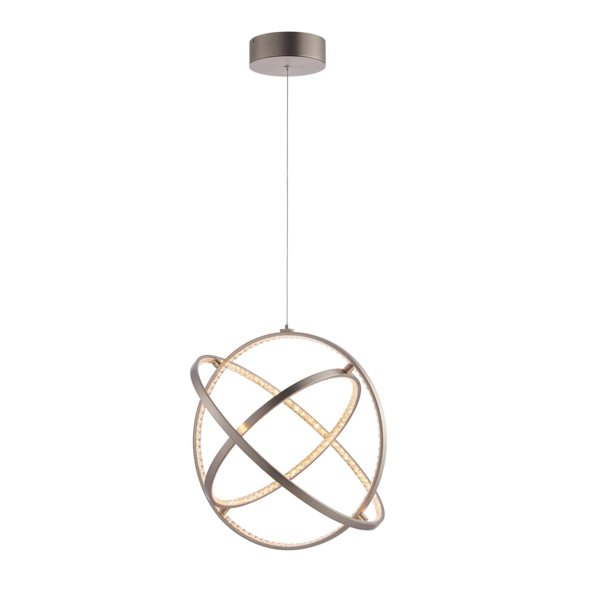 A modern pendant light with intersecting rings containing integrated illumination.