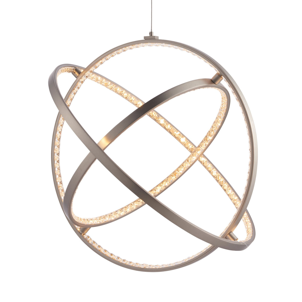 A modern pendant light featuring several intersecting rings with integrated lighting.