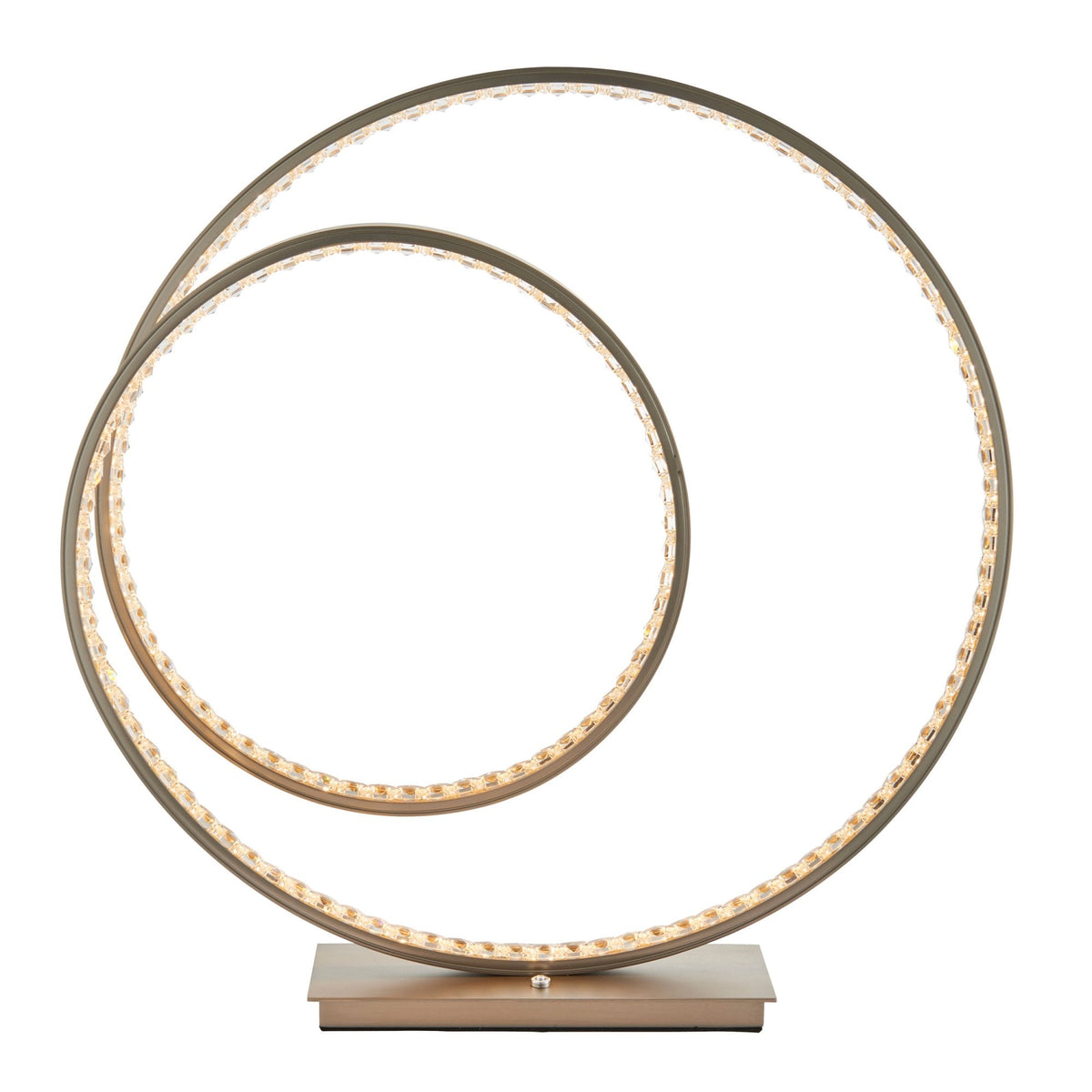 Modern table lamp with two intertwined rings, both illuminated with LED lights, on a rectangular base.