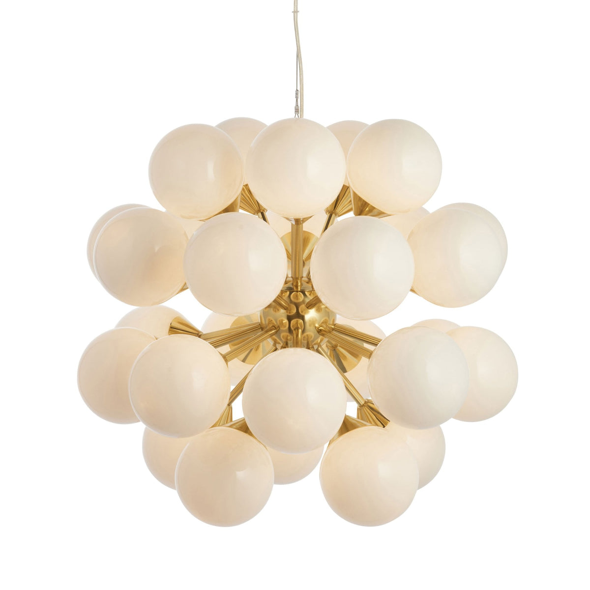 A large, modern chandelier with many white spherical lights and a gold frame, on a white background.