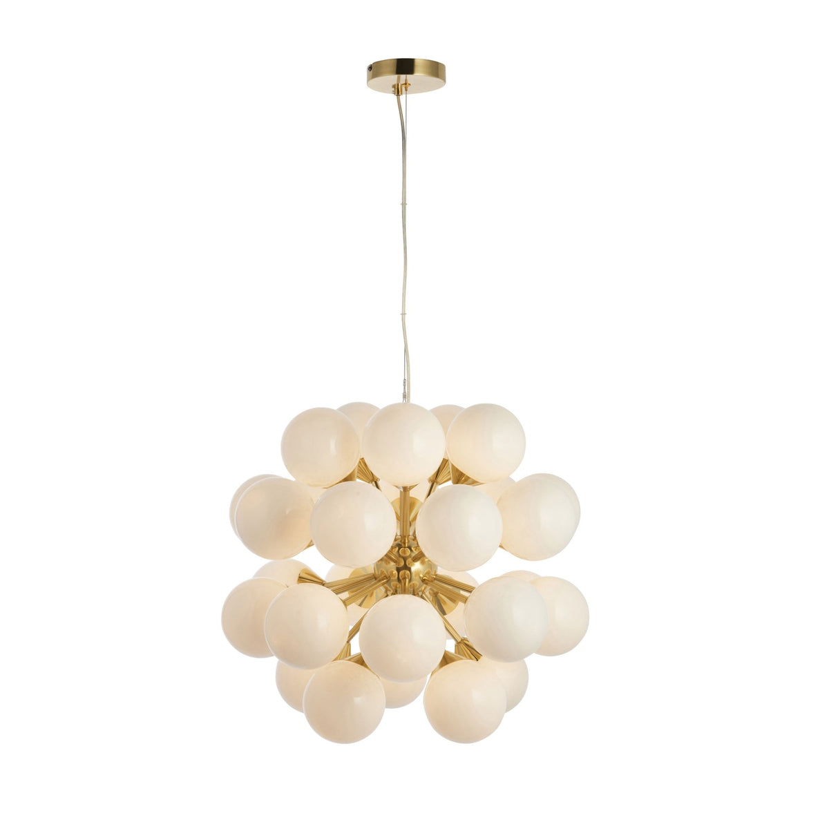 A large, modern chandelier with numerous white spherical lights and a gold frame, hanging from a white ceiling.