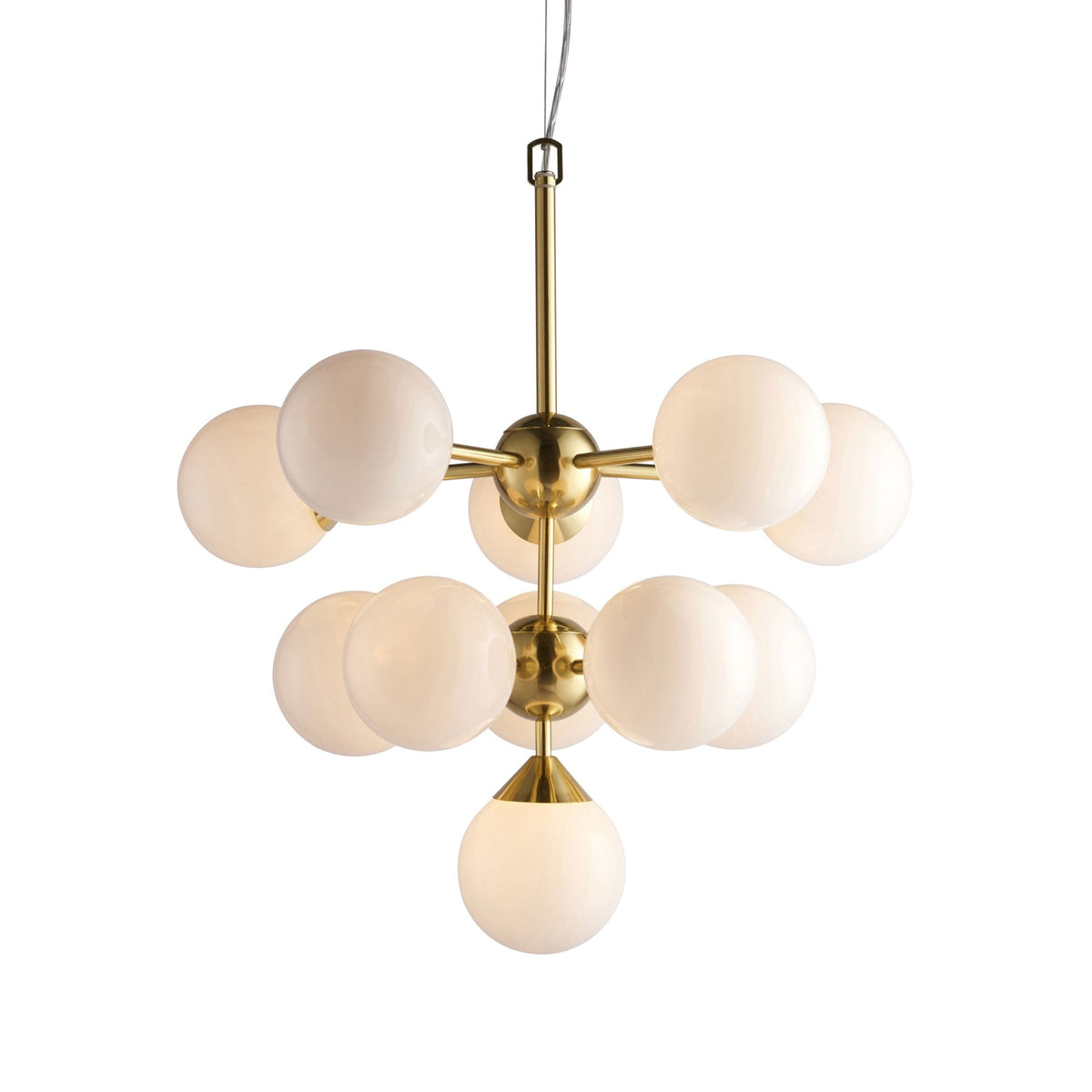 A brass chandelier with ten white globe lights on a white background.