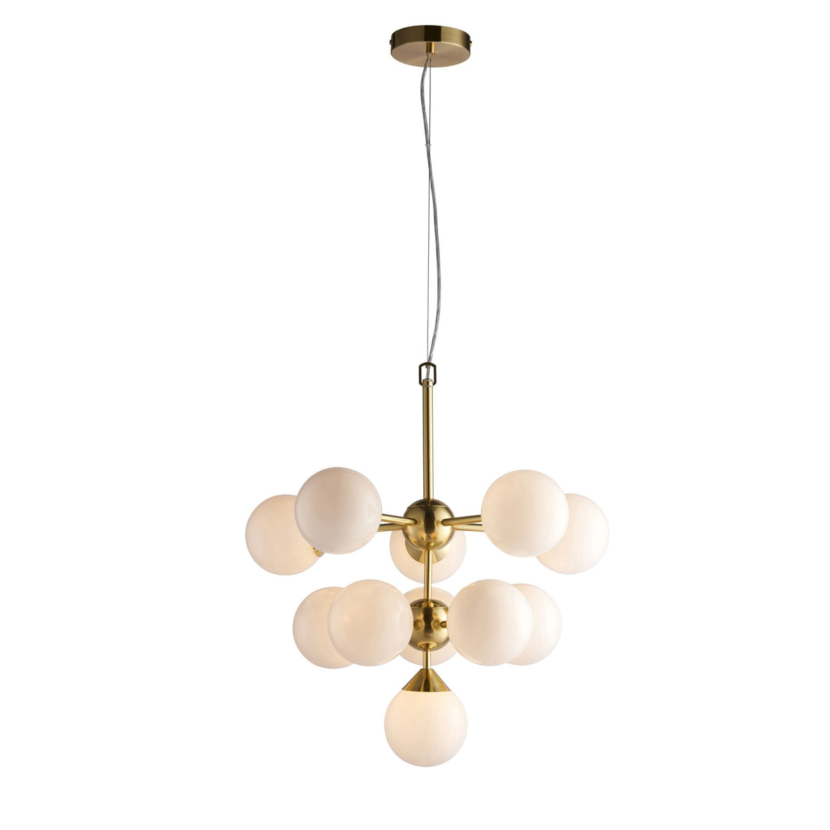 A brass chandelier with ten white globe lights hangs from a ceiling mount on a white background.